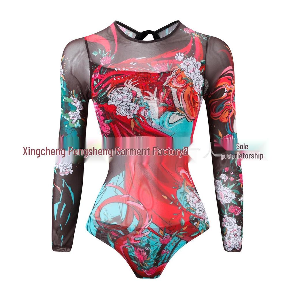 Women's Long Sleeve Mesh Sun Protection One-Piece Swimsuit with Skirt