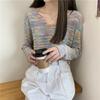 Sweater Rainbow Dye Striped Cropped Short Sweater Long Sleeve Knit V-Neck Loose Top Pullover Knit