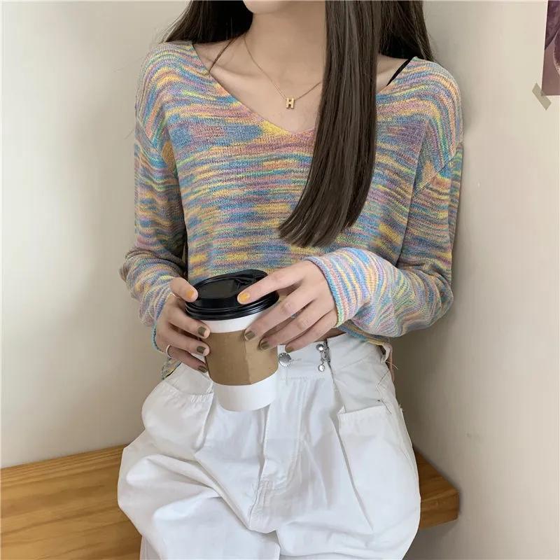 Sweater Rainbow Dye Striped Cropped Short Sweater Long Sleeve Knit V-Neck Loose Top Pullover Knit