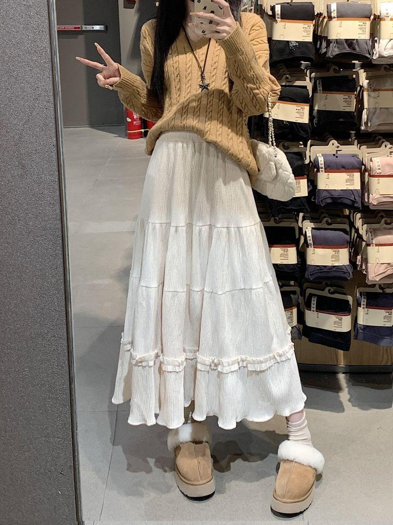 Women's High Waist Corduroy A-Line Mid-Length Skirt with Lace - Autumn/Winter 2025