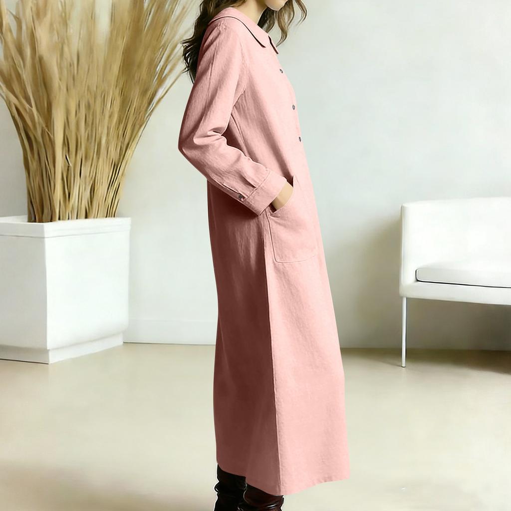 Women's -color Mid-length Loose-fitting Dress With Large Pockets And Casual
