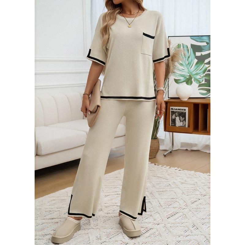 Women's Autumn and Winter Temperament Communicator Collision Short Sleeve Long Pants Sweater Set