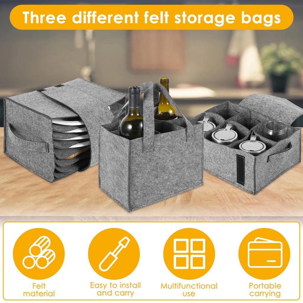 3Pcs Felt Storage Bag for Plate Cup Wine Bottle with Handle Multi Compartment Tableware Storage Pouch for Campervan Boat
