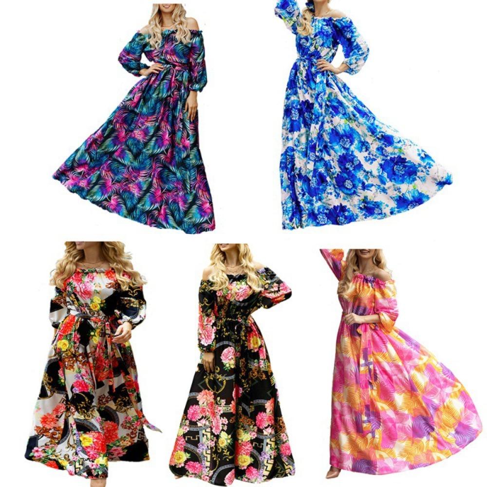 Women's Off Shoulder Long Sleeve Floral Print Loose Fit Casual Maxi Dress Party Beach Long Dress
