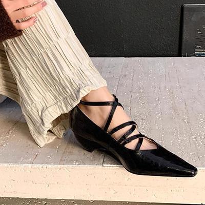 Hong Kong Pointed Retro Medium Heel Mary Jane Shoes Women's 2024 Spring and Summer Cross Strap Wedge Heel Fashion Single Shoes Women