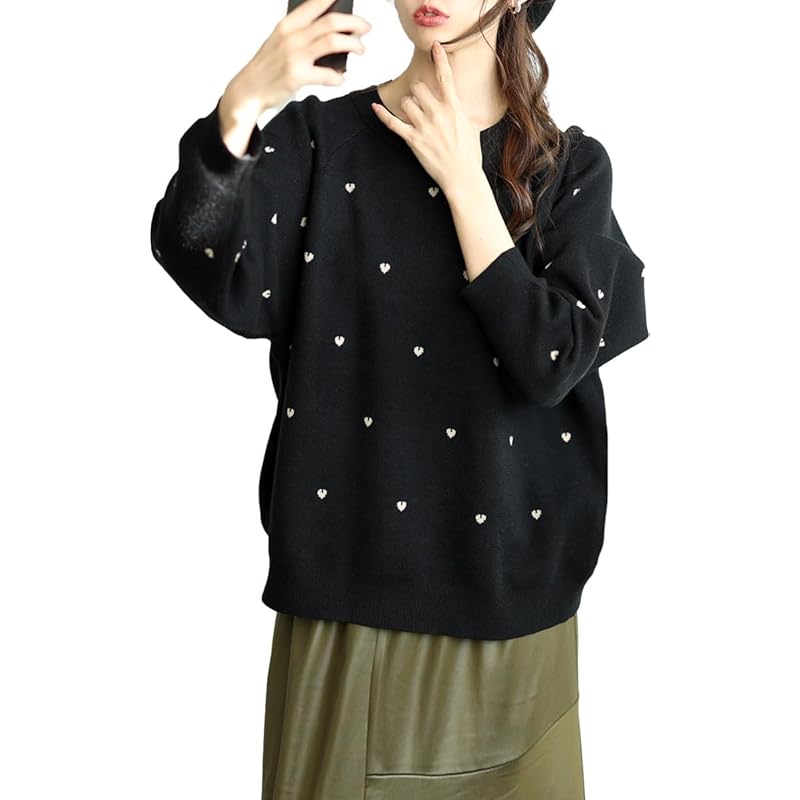 

[Gold Japan] big size ladies tops knit sweater long sleeve crew neck heart pattern jacquard stretch Expansion and contraction autumn winter