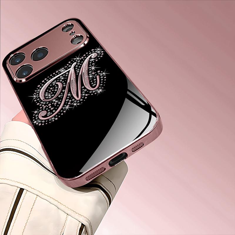 Buchstaben M Muster Rosa Metallisch Gehärtetes Glas Handyhülle Für iPhone 17 16 15 14 13 12 11 Pro Max 15 14 Plus 17 Air 16E Hülle
