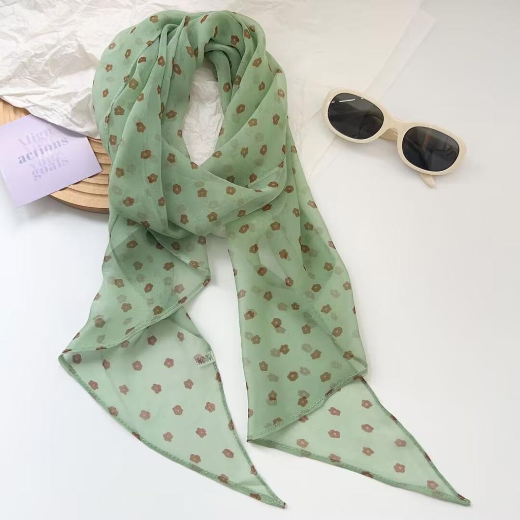 Korean green polka dot silk scarf female atmosphere thin neck streamer high-end long yarn small scarf accessories