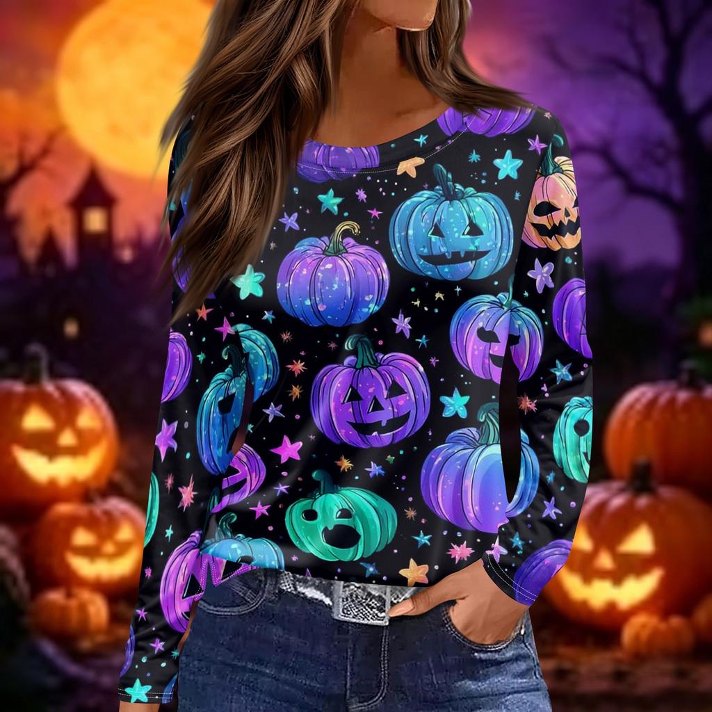 Women's Long Sleeve Halloween Print Top Split Hem Round Neck Casual Pullover Shirt with Festive Graphic Design for Seasonal Wear