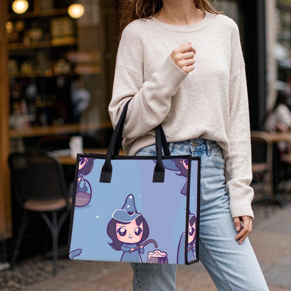 Cute Witch Pattern Tote Bag Casual Large Capacity Portable Shopping Handbag for Daily Use
