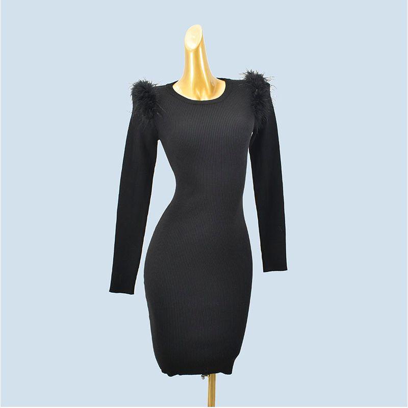 

Export Fashion Style round Neck Fur Patchwork Long Sleeves Black Silm Sheath Mid-Length Base Dress Women Black One size