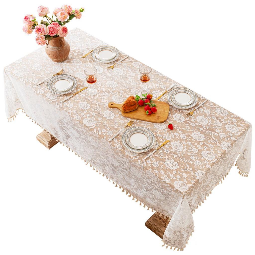 Rose Lace Tablecloth – Lightly Luxurious and Romantic Photo Backdrop / Decorative Cloth – Rectangular Cover for Coffee Tables and Nightstands