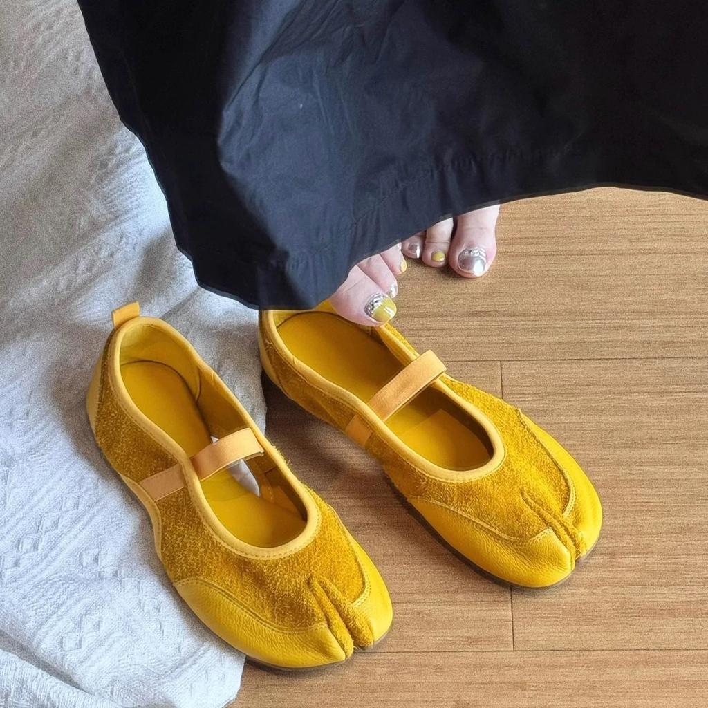 Sheepskin version~ niche design elastic one-word strap Mary Jane shoes split-toe shallow mouth single shoes women's ballet flats