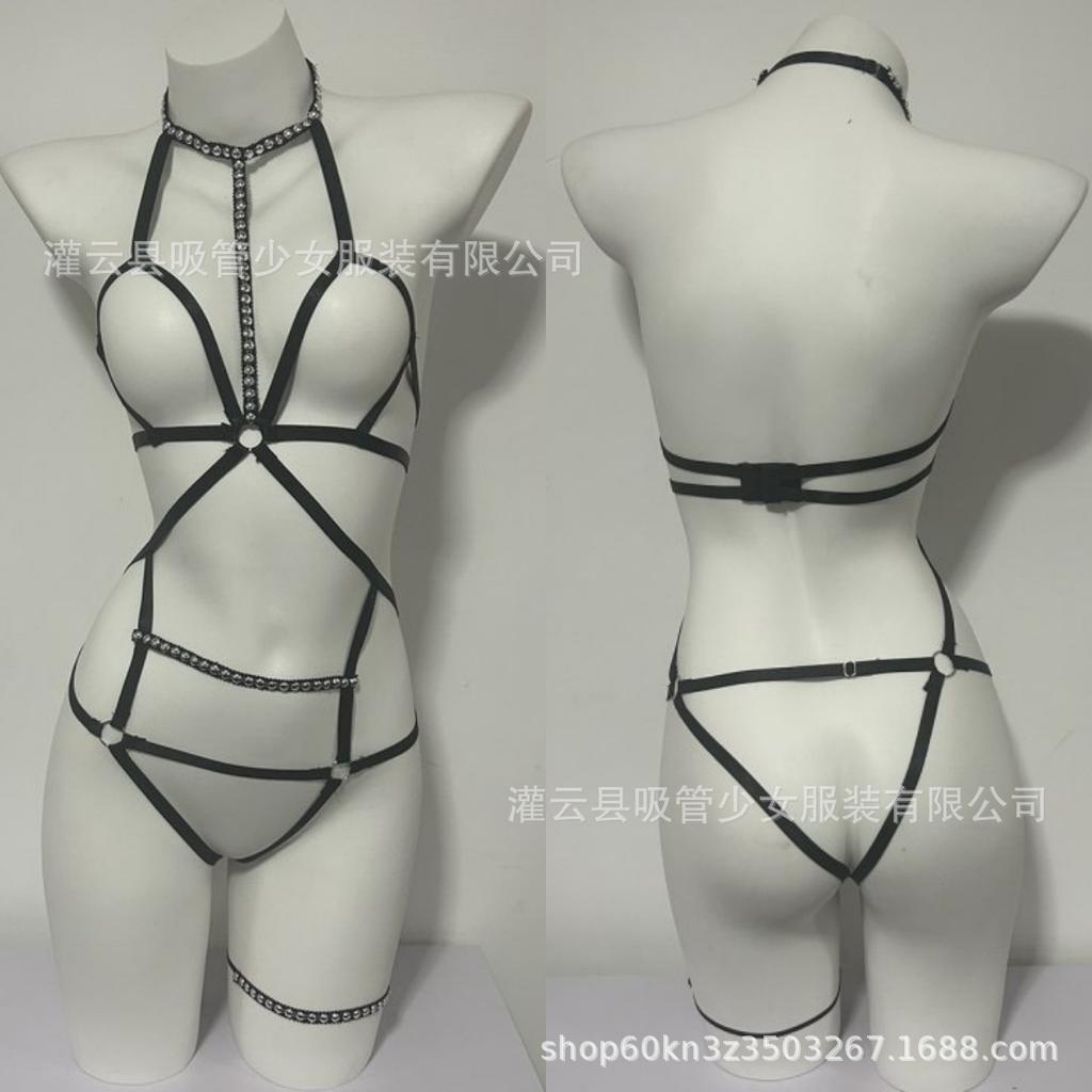 Sexy Underwear, Sexy Suspenders, Tight Rivets, Three-point Mesh See-through One-word Shoulder Skirt