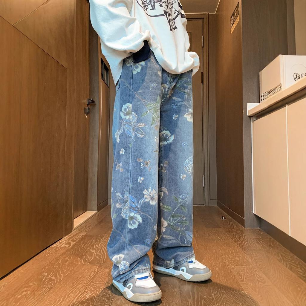 American street print jeans men's autumn trendy brand vibe style loose and versatile design sense mopping wide leg pants