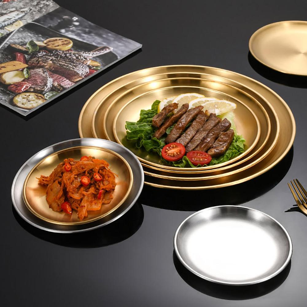 8PC Metal Dining Dish Stainless Steel Round Plate Shallow Tray 14/17/20/23/26cm BBQ Picnic Camping Food Container Tableware Set