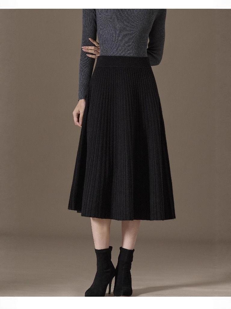 Autumn/Winter 2025 Pleated Midi Skirt - 100% Cashmere, Slimming, Solid Color, Versatile and Stylish.