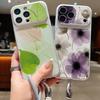 INS Watercolor Floral Leather Lanyard Case For iPhone 18 Pro Max Hybrid TPU+PU Anti-skid Soft Cover For iPhone 17 16 15 14 13 Pro Max