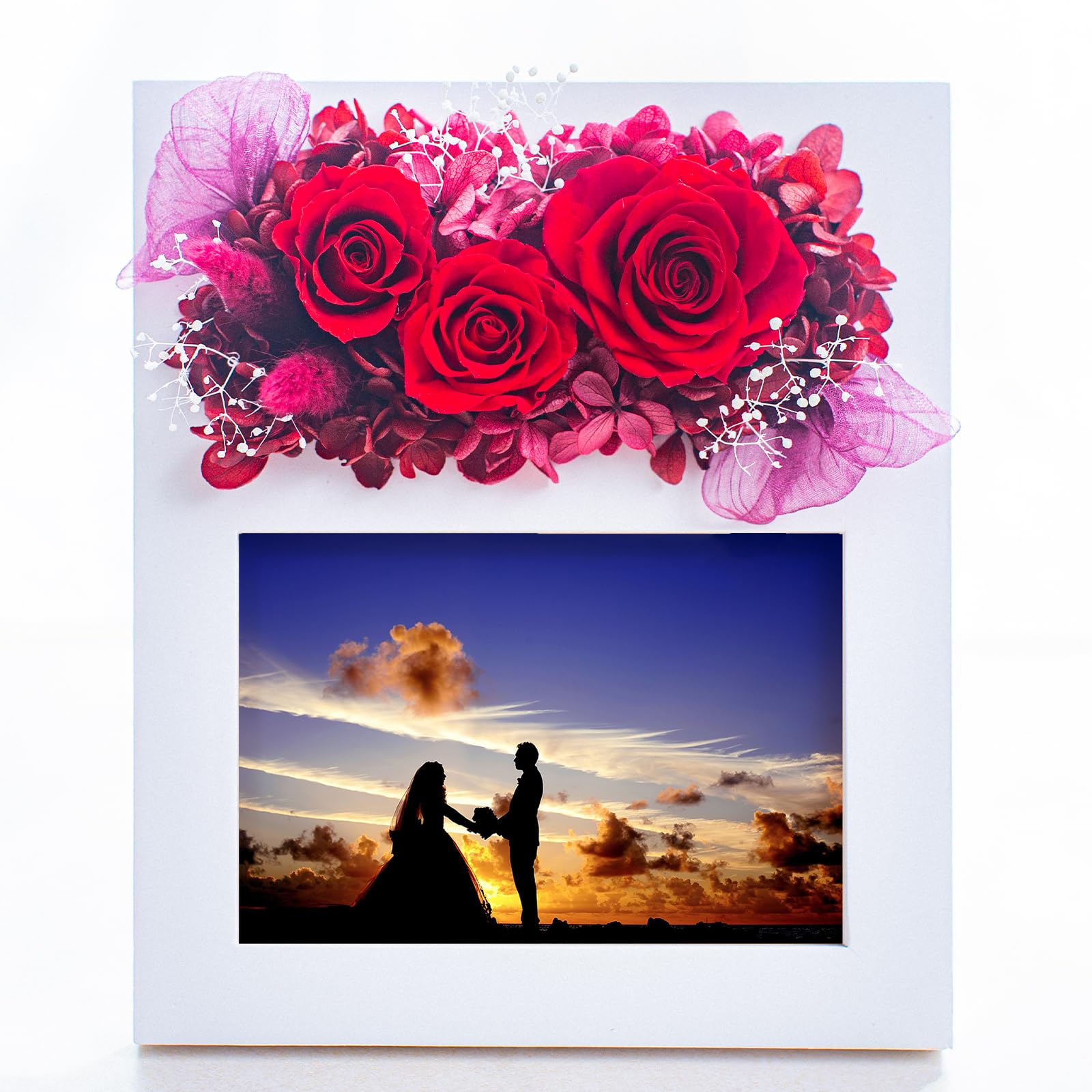 

Preserved Flower Photo Frame, Popular Wedding Gift, Stylish 60th Birthday, Wedding Anniversary Gift, Photo Frame (All Preserved Rose Red)