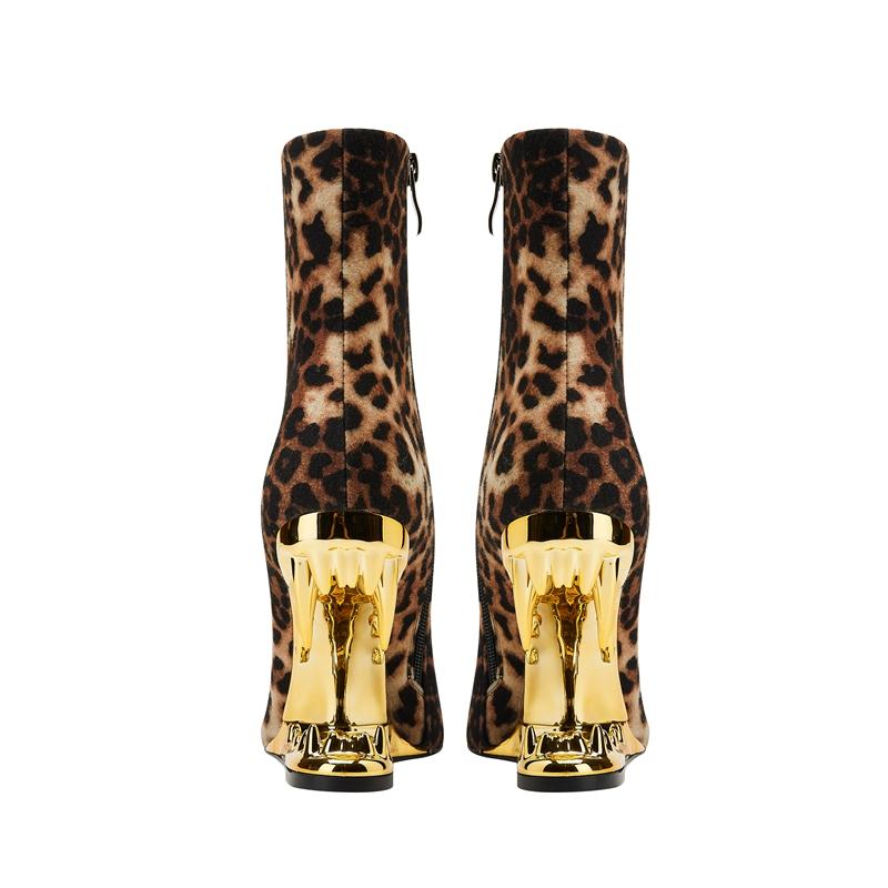 Fashion Kaky's New Leopard Print Pointed Toe High Heel Wolf Teeth Slope Heel Large Women's Boots Short Boots