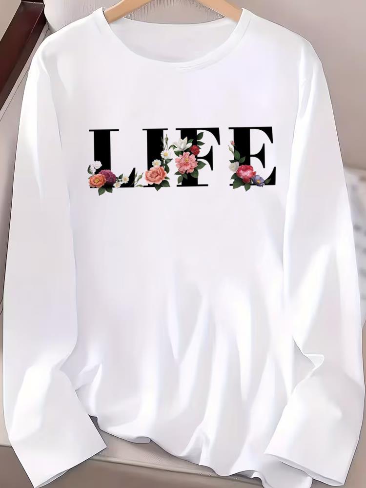 

(Asian Size) Women T Shirt Tee Lady Printed watercolor love style Female Clothing Casual Fashion Top Long Sleeve Graphic T-shirts S