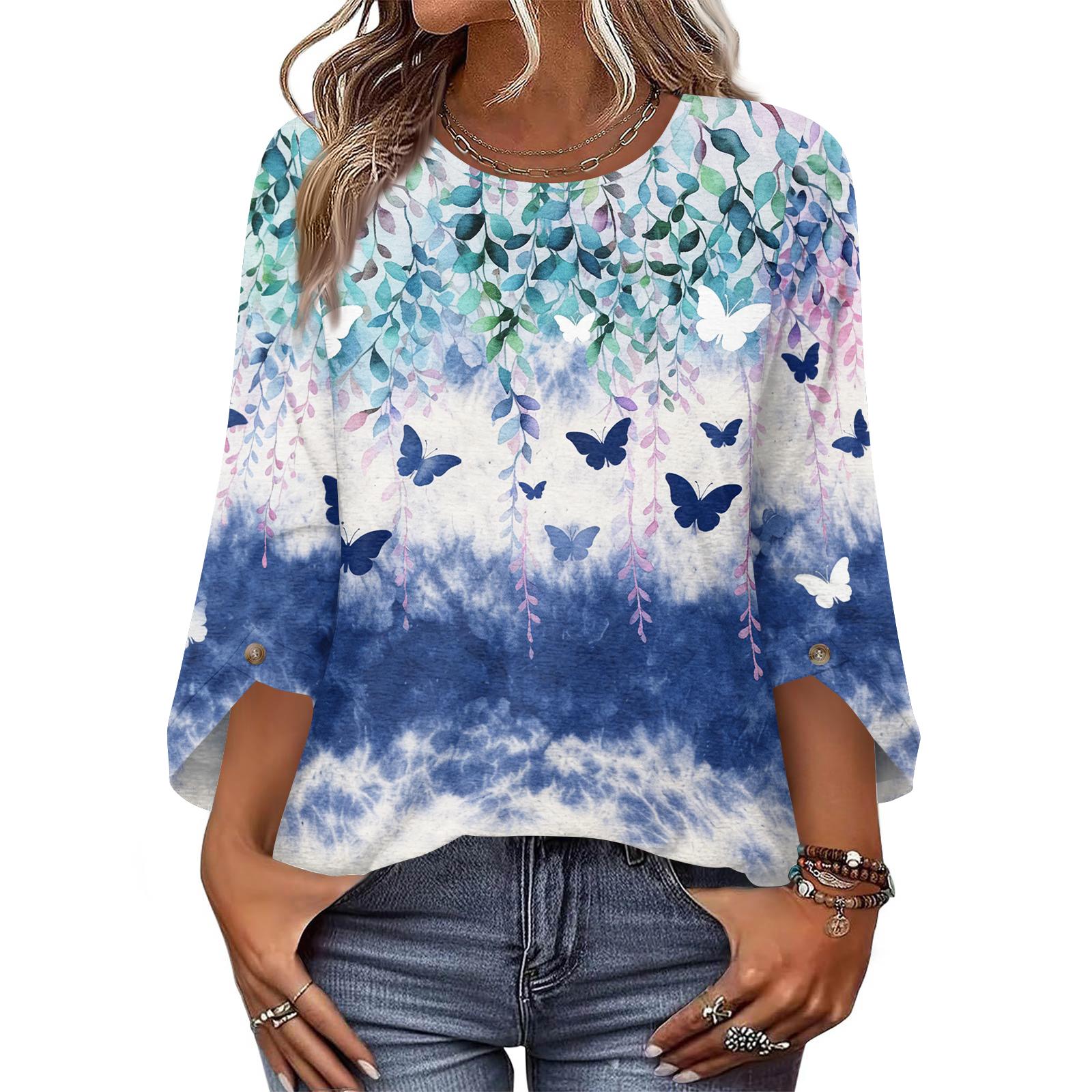 

Women’s 3/4 Sleeve Crew Neck Pullover Floral Print Casual T-Shirt Top Comfortable Loose Fit Soft Fabric Stylish Design L синий