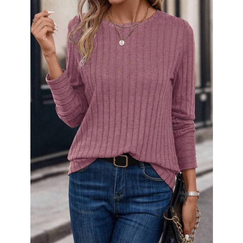 Solid Color Comfortable Round Neck Pit Stripe T-shirts for Spring and Autumn Casual Long Sleeves Women's T-shirts