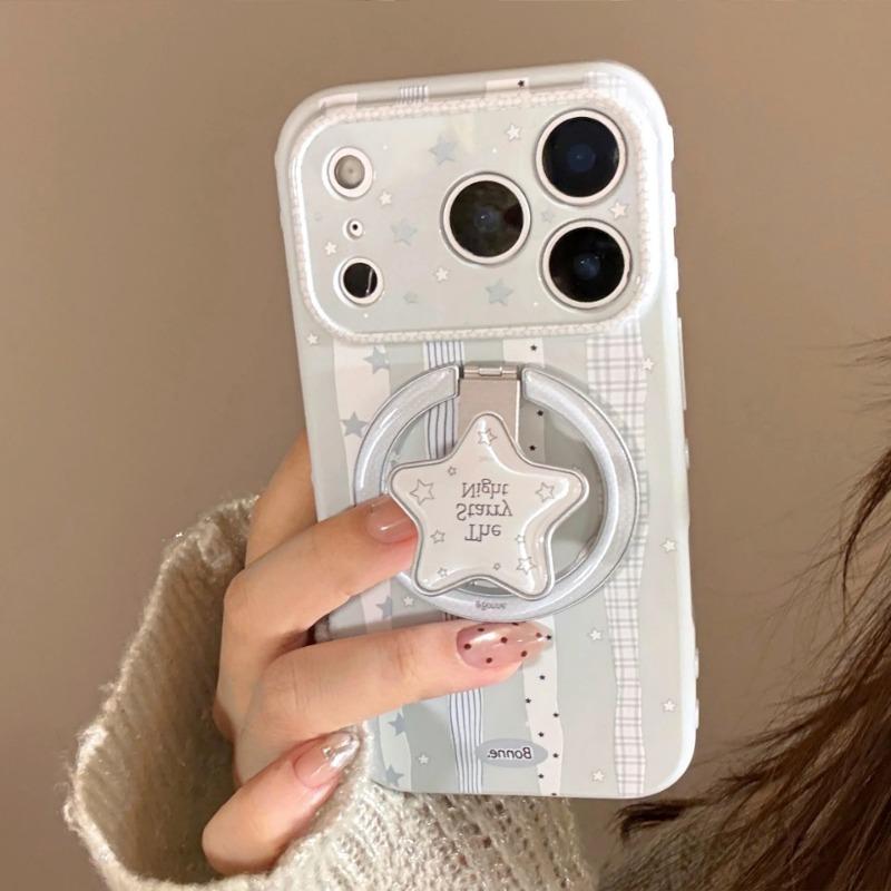 Korean Plaid Striped Splicing Fold Stars Magnetic Bracket Phone Case For iPhone 17 14 15 16 13 12 Pro Max Shockproof Soft Cover