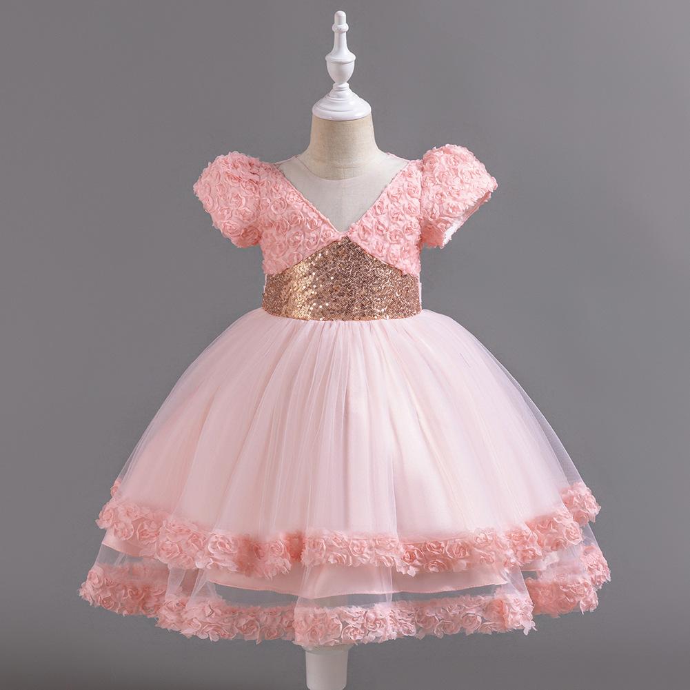 Girls Short Sleeve Tulle Sequin Princess Dress For Birthday Party