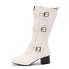 Knee-High Boots Women Vintage Belt Buckle Shoes Female Square High Heel Zipper Autumn Winter Soild Casual Botas Feminina