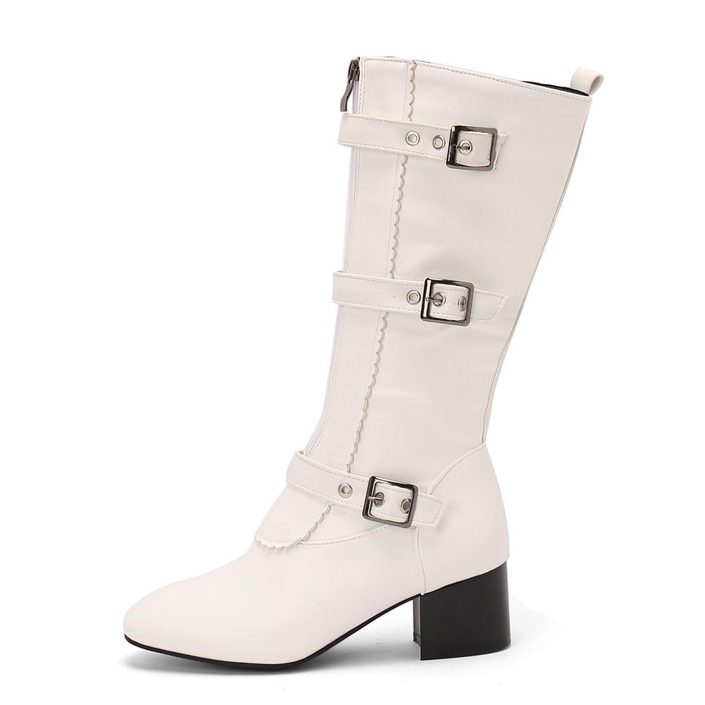 Knee-High Boots Women Vintage Belt Buckle Shoes Female Square High Heel Zipper Autumn Winter Soild Casual Botas Feminina