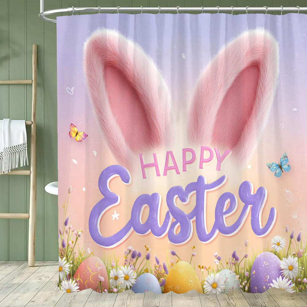 Happy Easter Shower Curtain,Egg and Rabbit Cartoon Printed Polyester Fabric Decorative Bathroom Curtain, Home Curtain with Hooks