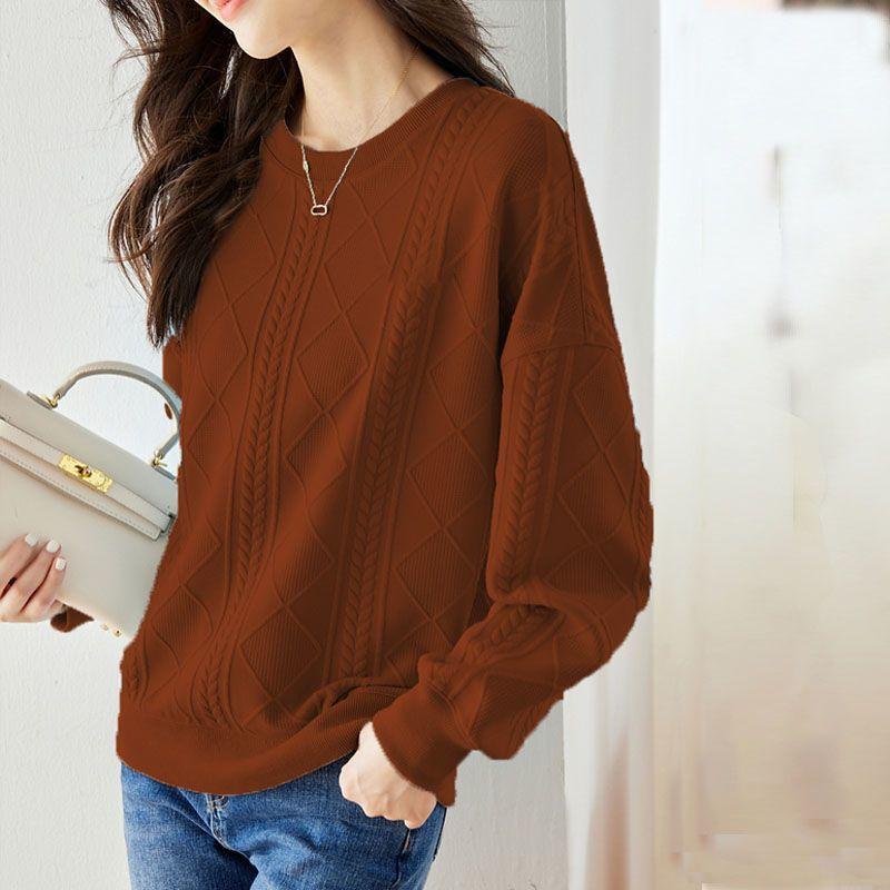 Autumn Winter Round Neck Loose Casual Jacquard Sweatshirt Women Solid Color Simple All-match Pullover Top
