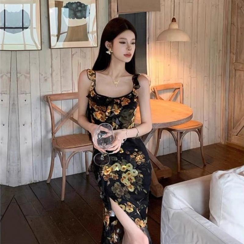 French Retro Temperament Imperial Sister Style Printing Lotus Leaf Edge Suspender Dress Summer Split Hip Wrap Dress