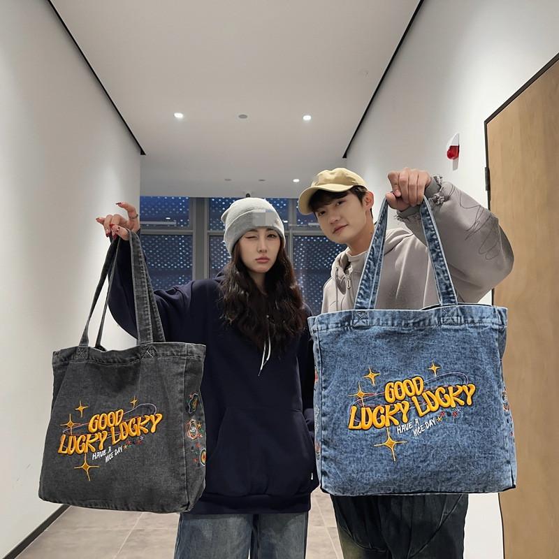 Большая вместительная холщовая сумка женская стираная джинсовая сумка-тоут студенческий — фото 3