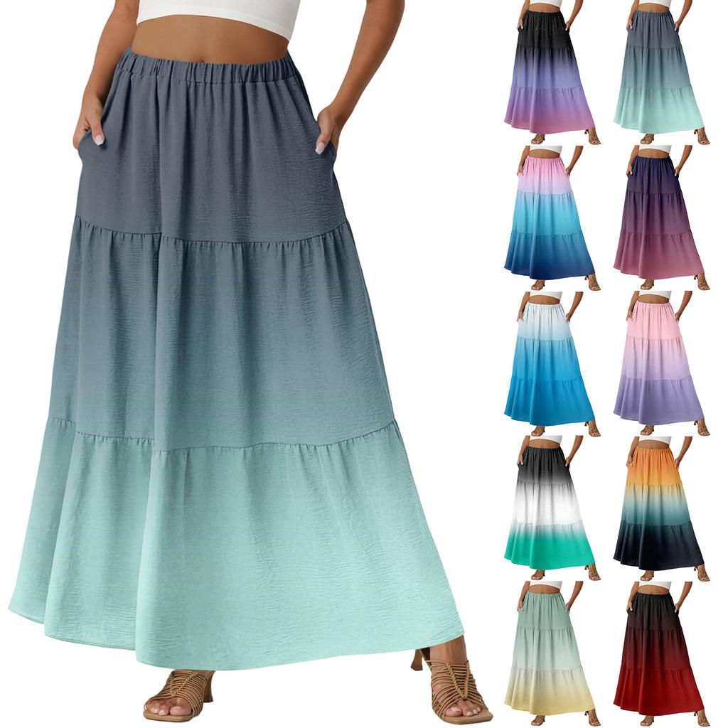 Women's Casual High Waist Drawstring A-line Skirt Color Skirt With Pockets