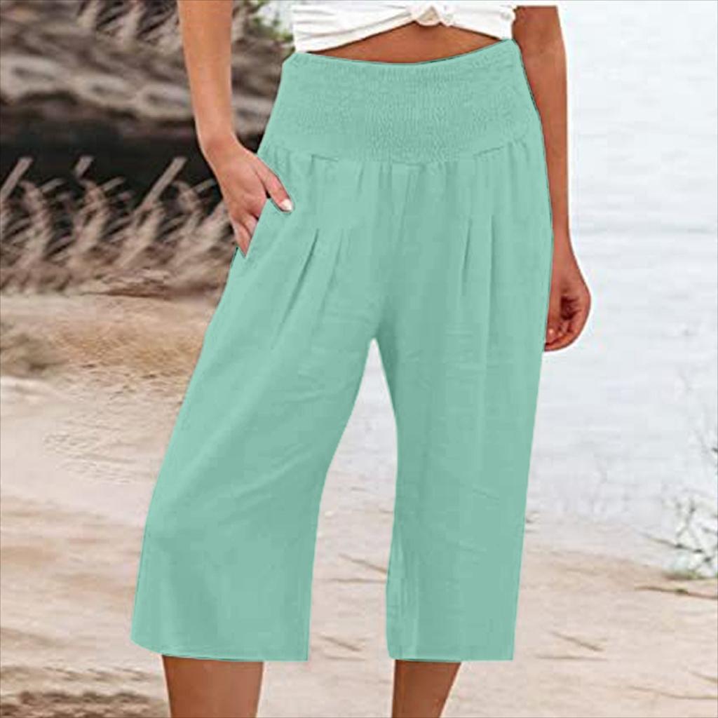 Summer Eurn Women's Cross-border Cotton Hemp Seven Waist Pocket Pocket Pocket Pocket Wide Leg Pants Woman