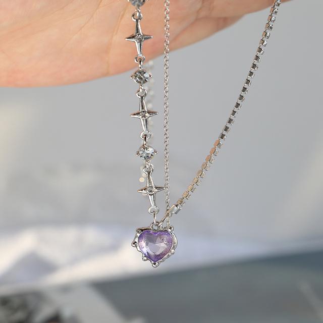 Y2k Pink Crystal Peach Heart Pendant Necklace For Women Egirl