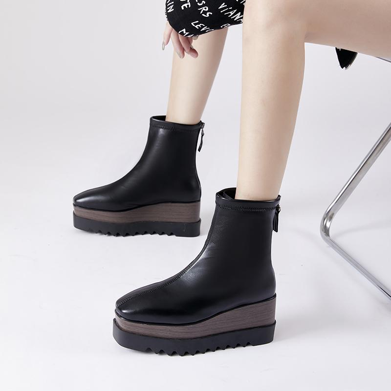 Fashion 8cm Chunky Platform Boots Womens High Heels Winter Warm Ankle Boots Casual Back Zipper Wedges Creepers Black Ladies Boots