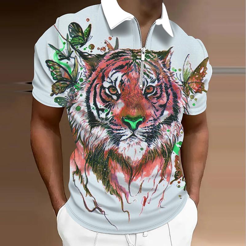 Men's  Shirt Polo Casual Zip Short Sleeve Fashion Casual Zipper Summer Spring Regular Fit 3D Tiger Print Shirt
