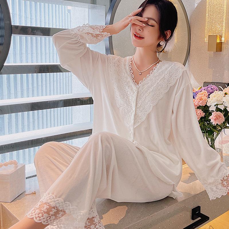 

Пижама Golden Velvet для женщин Тонкая пижама с длинными рукавами и кружевным принтом для женщин Весна и осень Милая домашняя пижама M белый