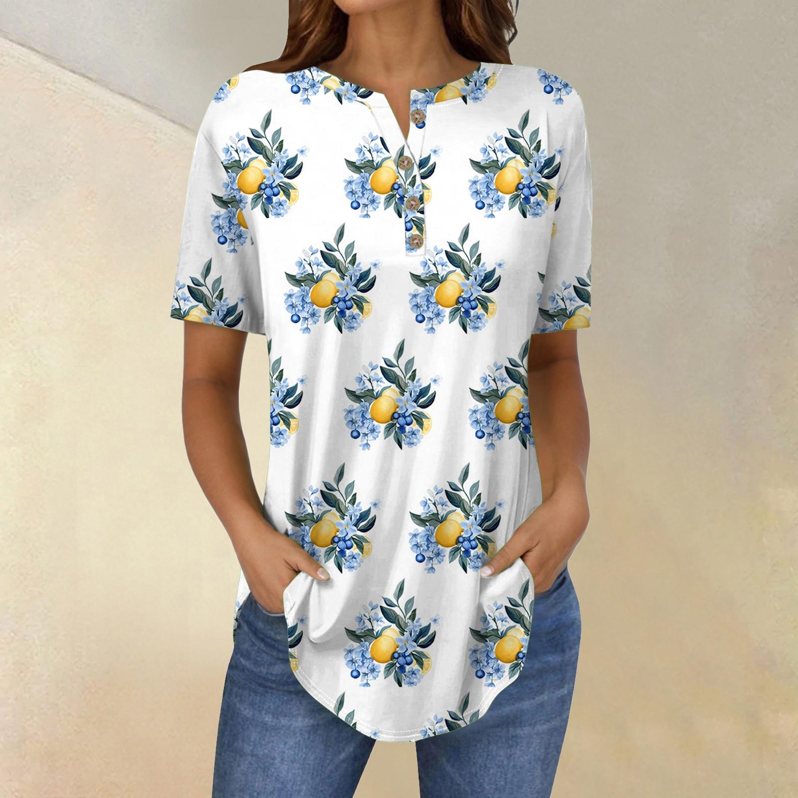 

Short Sleeve Womens Tops Summer T-Shirts Floral Print V Neck Casual Basic Tee Button Shirts Tunic Tops S білий