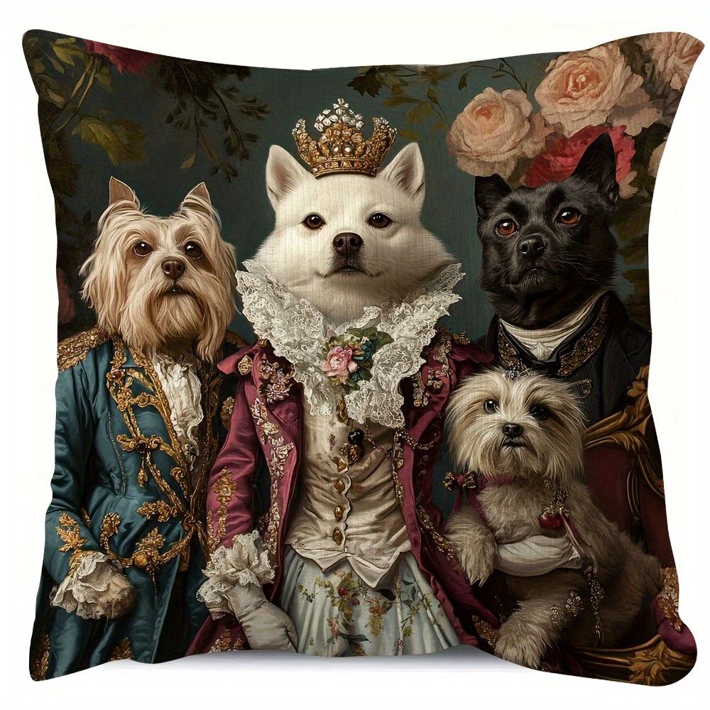 

2D flat- Victorian Royal Dogs Family Throw Pillow Cover Vintage Aristocratic Pet Portrait Cushion Cover for Home Sofa Decor 45x45cm-1pcs