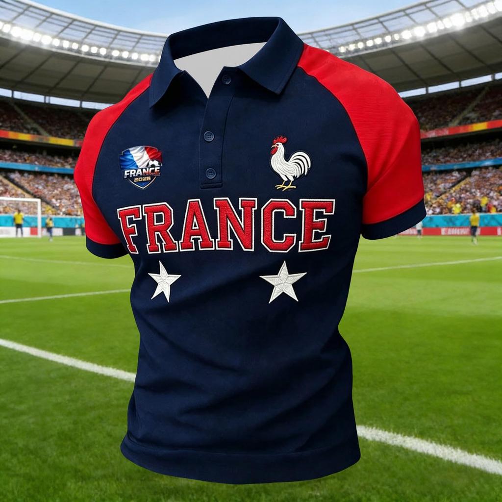 Unisex Casual Short Sleeve Polo Shirt France Print Loose Fit Breathable Lightweight Button Collar Top for Everyday Wear