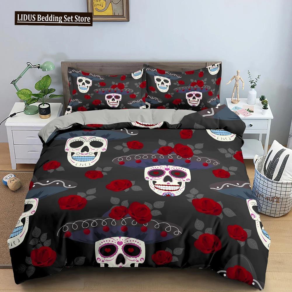 3D Skull Print Bedding Set Skeleton Down Duvet Cover Large Size Quilt 2/3 pcs Gemini Bedroom Decor