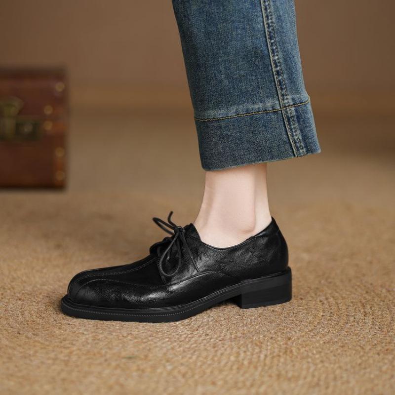 New Women's Low-heeled Single Shoes Lace-up Flat-heeled Round Head Black Small Leather Shoes Comfortable Thick-soled Non-slip Four-season Women's Sing