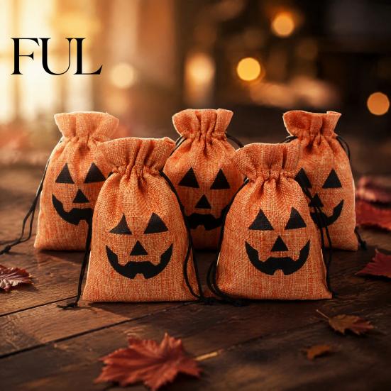 Bulk Candy Containers 5Pcs Halloween Burlap Drawstring Bags, Treat Pouch for Party Favor, Gift Bags Rustic Goodie Trick or Reusable Packaging Holiday