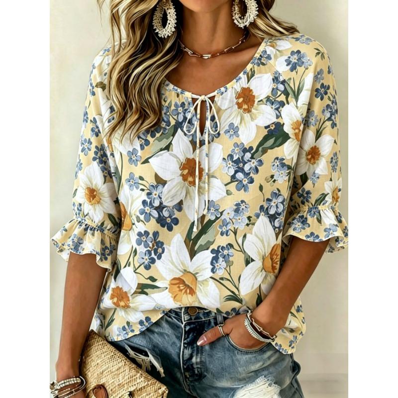 Women's Cherry Blossom Print Color Block Tie Neck Blouse, Ruffle Half Sleeve Feminine Top for Spring Summer Wear