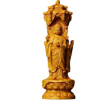 12/20cm Sculpture sur Bois Figurine de Bouddha à Trois Faces des Trois Saints Guanyin Amitabha Statue Sculpture Décoration de Maison Ornement d'Art en Bois
