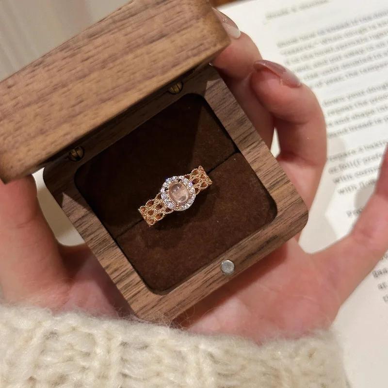 High quality hollow lace rings for women Light luxury romantic rose-golden Beautiful pink ring wedding Zircon